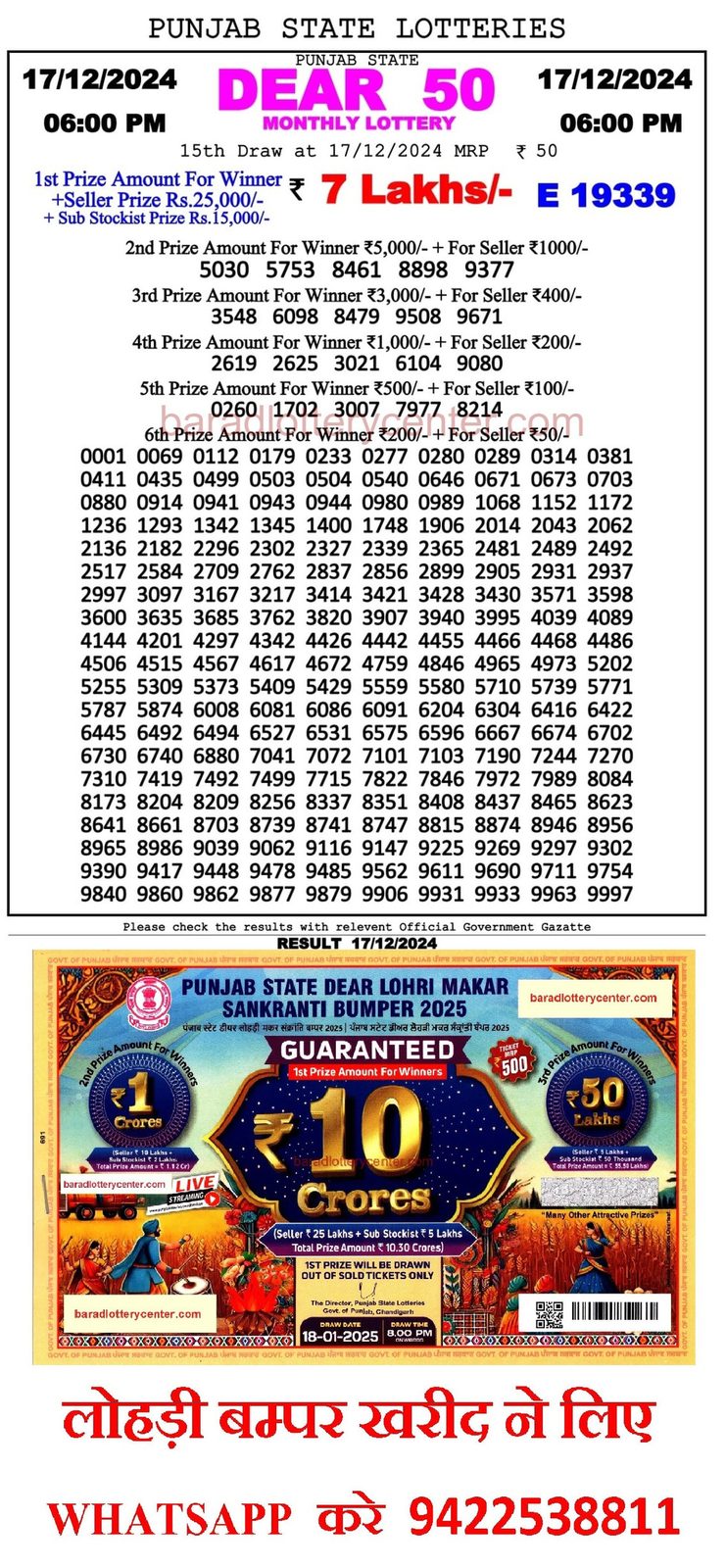Punjab State Dear 50 Monthly Lottery Result Draw Date 17-12-24 6PM lottery result